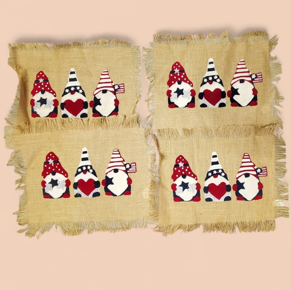 Set of 4 Burlap Gnome Patriotic Jute Placemats.
